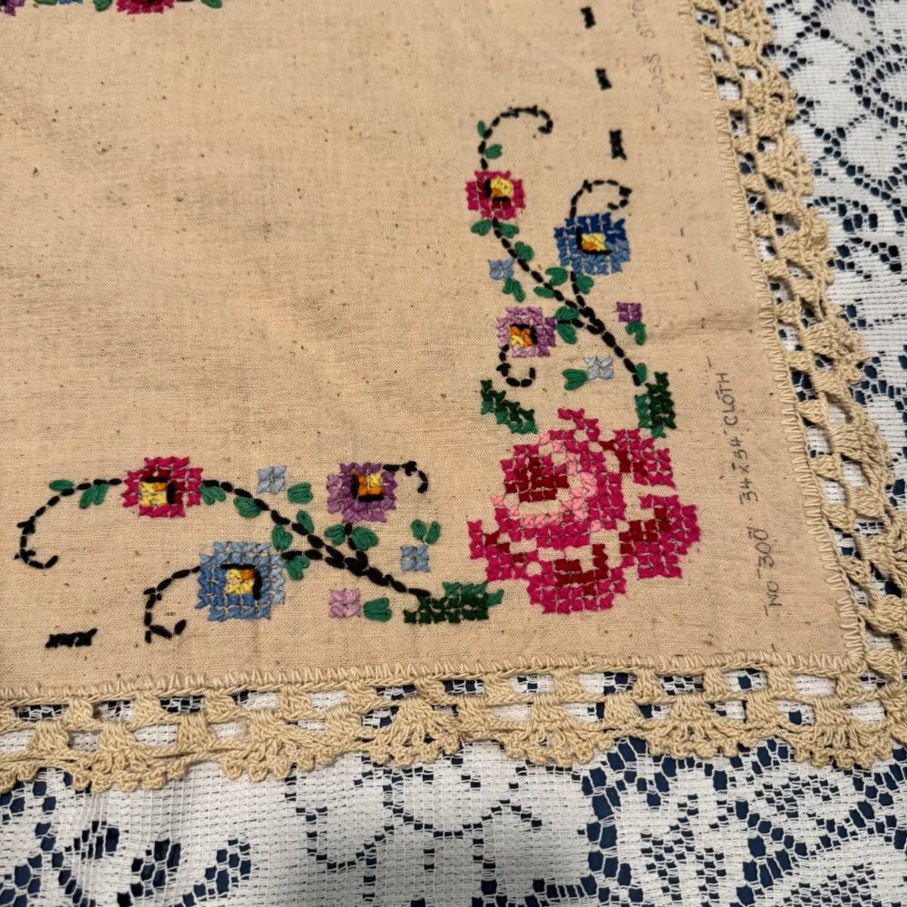 Vintage Embroidered Table Cloth Colorful Floral Cross Stitch Crochet‎ Edge 48x53